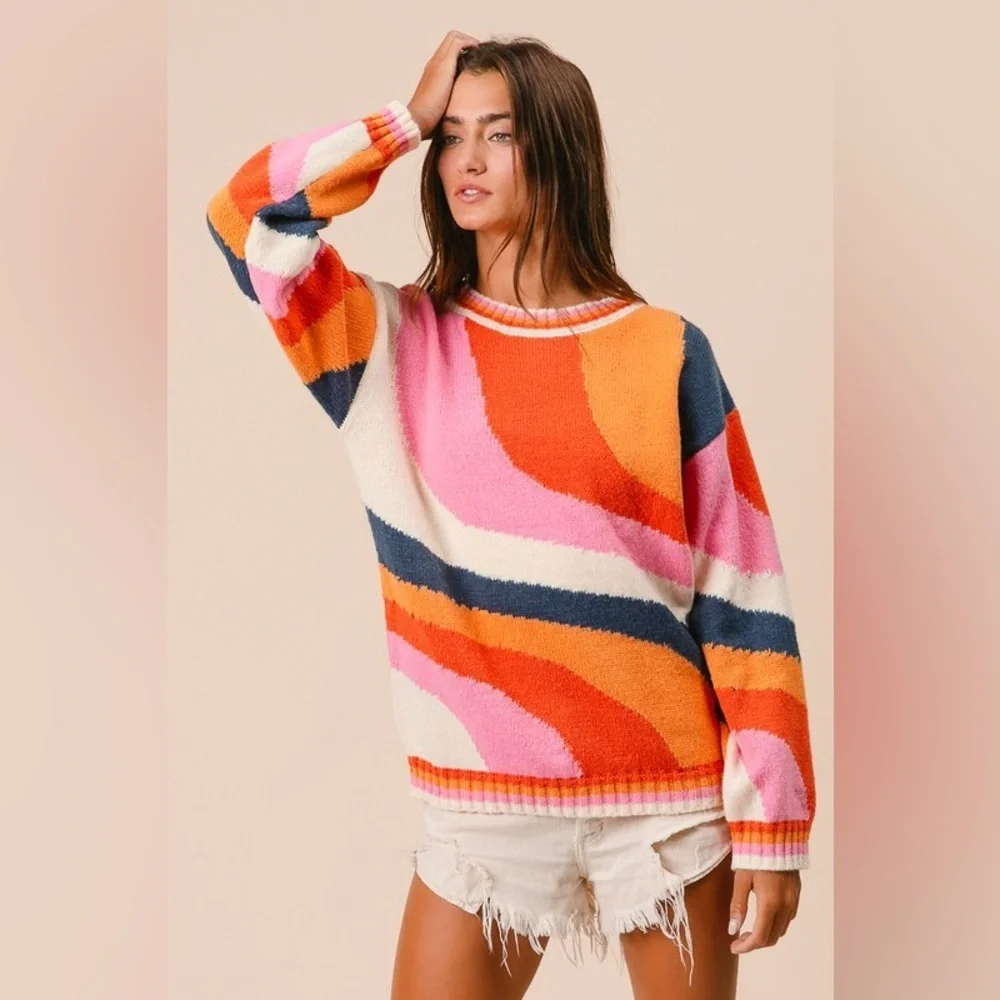 Multicolor pattern abstract knit ribbed boho bohemian vintage tunic top sweater - Picture 6 of 6
